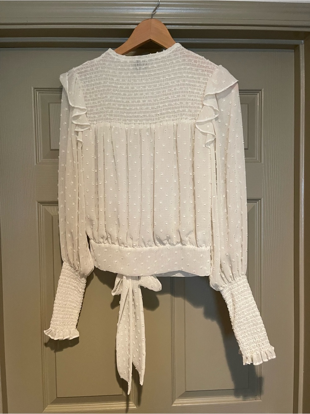 White Swiss Dot Smocked Tie-Back Blouse with Ruffle Details